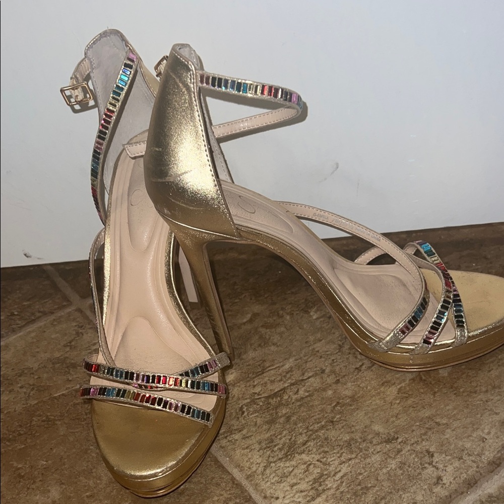 Jessica Simpson Gold and Multicolor Strappy Heels